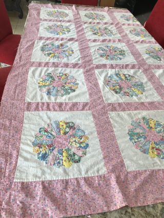 Vintage Pink Dresden Plate Quilt Top Hand Quilted Feedsack Cotton 88 " X 74 " Ec