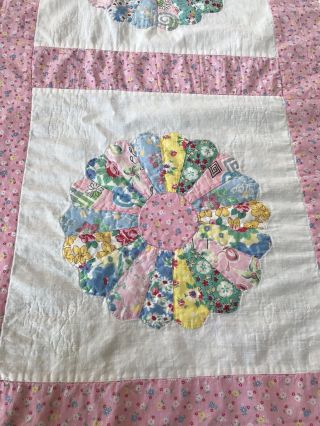 Vintage Pink Dresden Plate QUILT TOP Hand Quilted Feedsack Cotton 88 