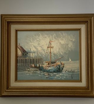 Oil? Painting On Board Nautical Boat Signed “markey” Wooden Frame 14x13