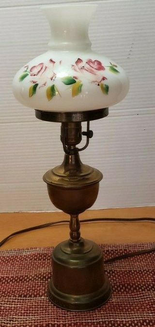 Antique Brass Oil Lamp With Hand Painted Milk Glass Hurricane Shade