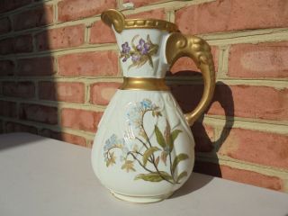 Antique Royal Worcester Porcelain Lg Elephant Handle Pitcher 9 1/4 " Floral Gold