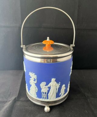 Antique Wedgwood Cobalt Dark Blue Jasperware Biscuit Barrel Jar Bucket
