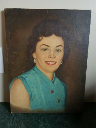 Vintage Mid Century Portrait Oil Painting Woman 11 3/4 " × 15 7/8 1950s
