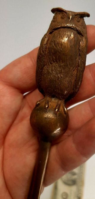 Antique Figural Bronze Letter Opener Paper Cutter Owl Standing On A Ball Shaped