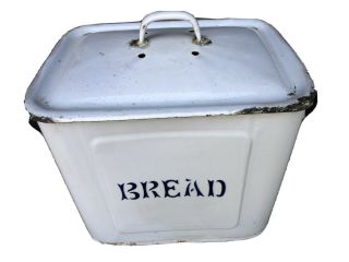 Antique Enamel Farmhouse Bread Box With Blue Trim & Lid