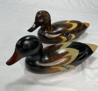 Antique Hand Carved/painted Wood Ducks Decoy Glass Eyes 14 " Long 5.  75 " Tall Pair