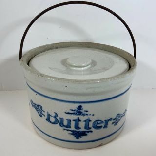 Antique/vintage Stoneware Butter Crock With Lid And Bail Handle Blue Stencil