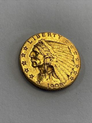 United States 1908 - P $2.  5 Gold Indian Head Quarter Eagle Gold Cleaned