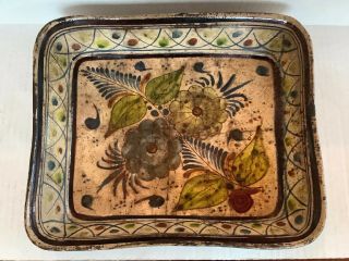 Antique Vintage Mexican Pottery Bowl Tray Hand Painted Signed Daniel Santevan