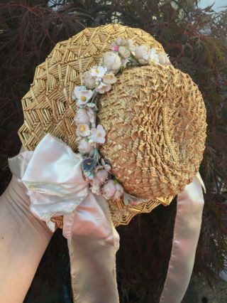 Antique / Vintage Lined Fancy Straw Hat Or Bonnet For Larger Doll