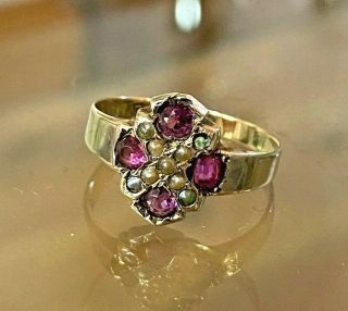 Antique 10ct Gold Ring Set With Pink Stones And Seed Pearls Uk Size J