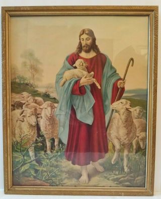 Rare Antique 1946 Framed Jesus Print " I Am The Good Shepherd.  " Vtg Large 21 X 17