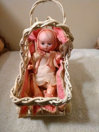 Antique 8 " German Bisque Baby Doll In Buggy Factory Orig Compo Body Blue Sl/eyes