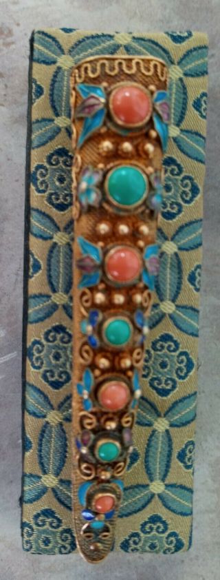 Antique Chinese Gilt Silver Enamel Finger Nail Guard 3 " Brooch Pin In Silk Box