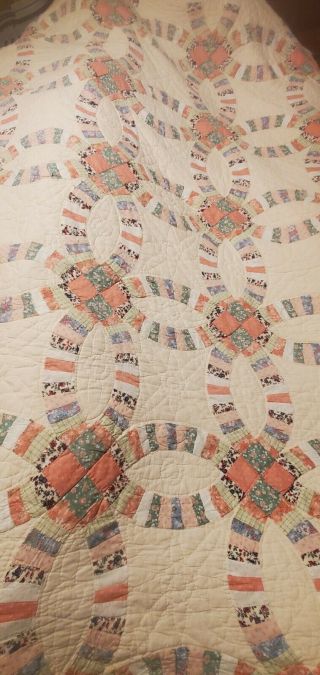 Vintage Double Wedding Ring Quilt 82 X 70 Hand Stitched Good Cond