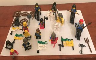 Lego Vintage Castle Knights Minifigures,  Horses,  Wagon Wheels And Accessories