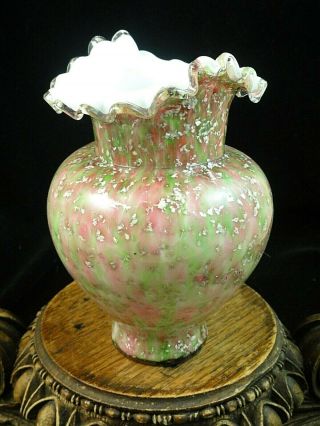 Antique Bohemian Victorian Cased Pink / Green Silver Mica Art Glass Vase Harrach
