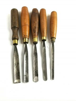 Set Of 5 Vintage/antique Wood Carving Tools.  Sheffield Steel & London,  Uk.