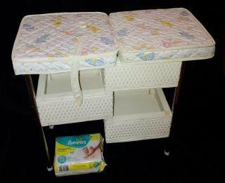 Vintage Badger Toys Foldable White Wicker Doll Changing Table W Pad & Diapers