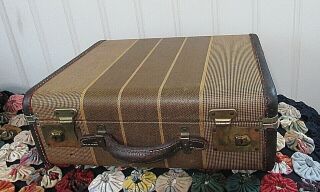 Vintage Small Striped Tweed Brown 15 " X 11 " Suitcase 1930s Antique Old Luggage