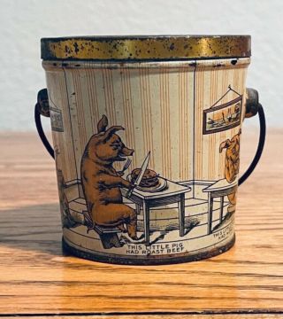 Antique Three Little Pigs Nursery Rhyme Tin Litho Can Ca 1900 Ok Meat Market