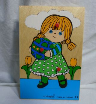 Simplex Wooden Puzzle Made In Holland 4.  5 " X7 " - Girl - Dutch - Tulips