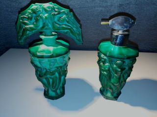 Set Of 2 6 - 7 " Czech Art Deco Jade Glass Perfume Bottles Hoffman Schlevogt