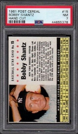 1961 Bobby Shantz Post Cereal Baseball Card 15 Hand Cut Graded Psa 7 Near