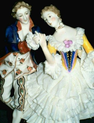 Antique German Dresden Lace Courting Couple In Love Dancers Porcelain Figurine