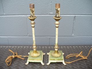 Set Of 2 Antique Green Onyx And Brass Table Lamps Lights Greek Column