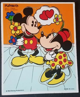 Vintage Playskool Walt Disney Mickey Minnie Mouse Wooden Puzzle Wood Tray
