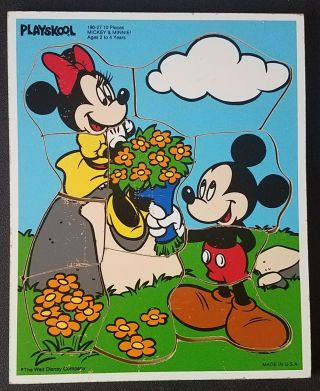 Vintage Playskool Walt Disney Mickey Minnie Mouse Wooden Puzzle Wood Tray Flower