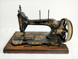 Antique German Hand Crank Sewing Machine Fiddle Base Floral Deco