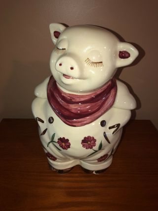 Vintage Shawnee Pig Cookie Jar Red Scarf Flowers Antique