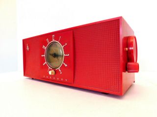 Vintage 1950s Old Emerson Eames Era Mid Century Art Deco Antique Red Clock Radio