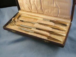 Antique Pencil Dip Pen Letter Opener Eraser Seal Boxed Celluloid Writing Set