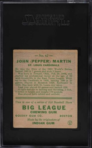 1933 Goudey Pepper Martin 62 SGC 3 VG 2