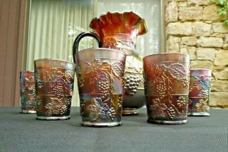 Antique Carnival Glass Floral & Grape Amethyst Water Set - Pitcher & 5 Tumblers