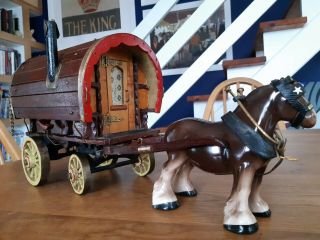 Vintage Wooden Gypsy Caravan / Wagon With Horse Folk Art