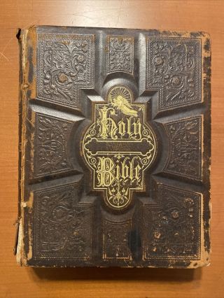 Antique 1882 Large Holy Bible Genealogy Hill Family Nh Leatherbound Illustrated