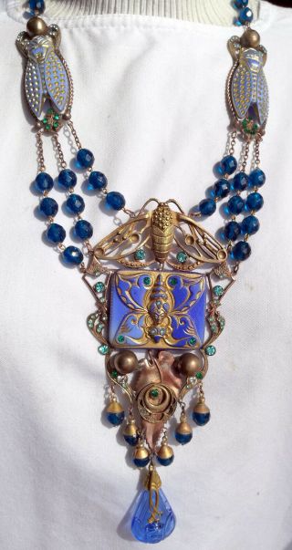 Very Old Art Nouveau Blue Pastel Glass Necklace,  Signed Czechoslovakia