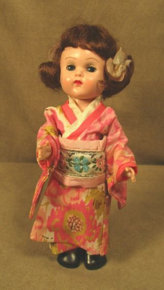 Vintage Vogue Ginny Doll - Brunette Bent - Knee Walker In Pink Kimono