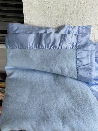 Queen Size Vintage Blue Acrylic Blanket With Blue Satin Trim Made In Usa