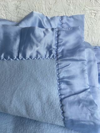 Queen Size Vintage Blue Acrylic Blanket With Blue Satin Trim Made In USA 2