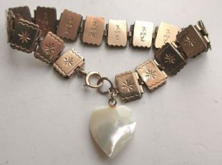 Antique Victorian Rose - Gold Filled Book Chain Bracelet Mop Shell Heart Fob
