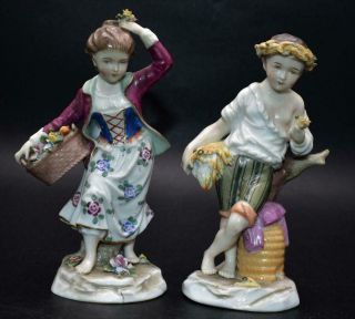 Pair Antique Saxe Dresden German Porcelain Figures / Figurines - Harvest