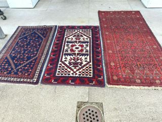 Antiques - Swiss 3 Antique Baloutch Rugs 3`x 6`5 And 2`7 X 4`6 Ft