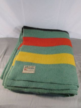 Vintage Orr Orrlaskan Green Wool Blanket W/ Red,  Yellow & Black Stripes