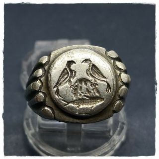 Two Eagles & Fish Ancient Silver Greek - Roman Ring 12,  69g