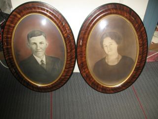 2 Antique Vintage Wood Oval Frames Convex Bubble Glass Pictures Man & Woman
